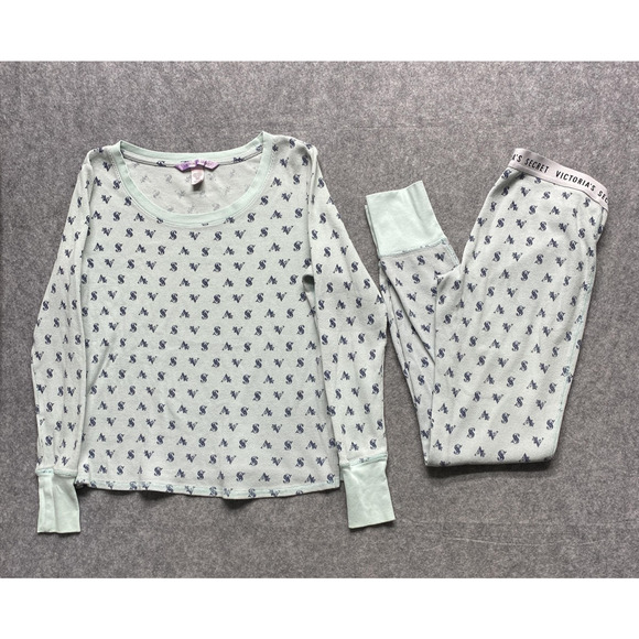 Victorias Secret Pajama Set Womens XS Mint Green Thermal Logo Long Johns - Picture 1 of 16